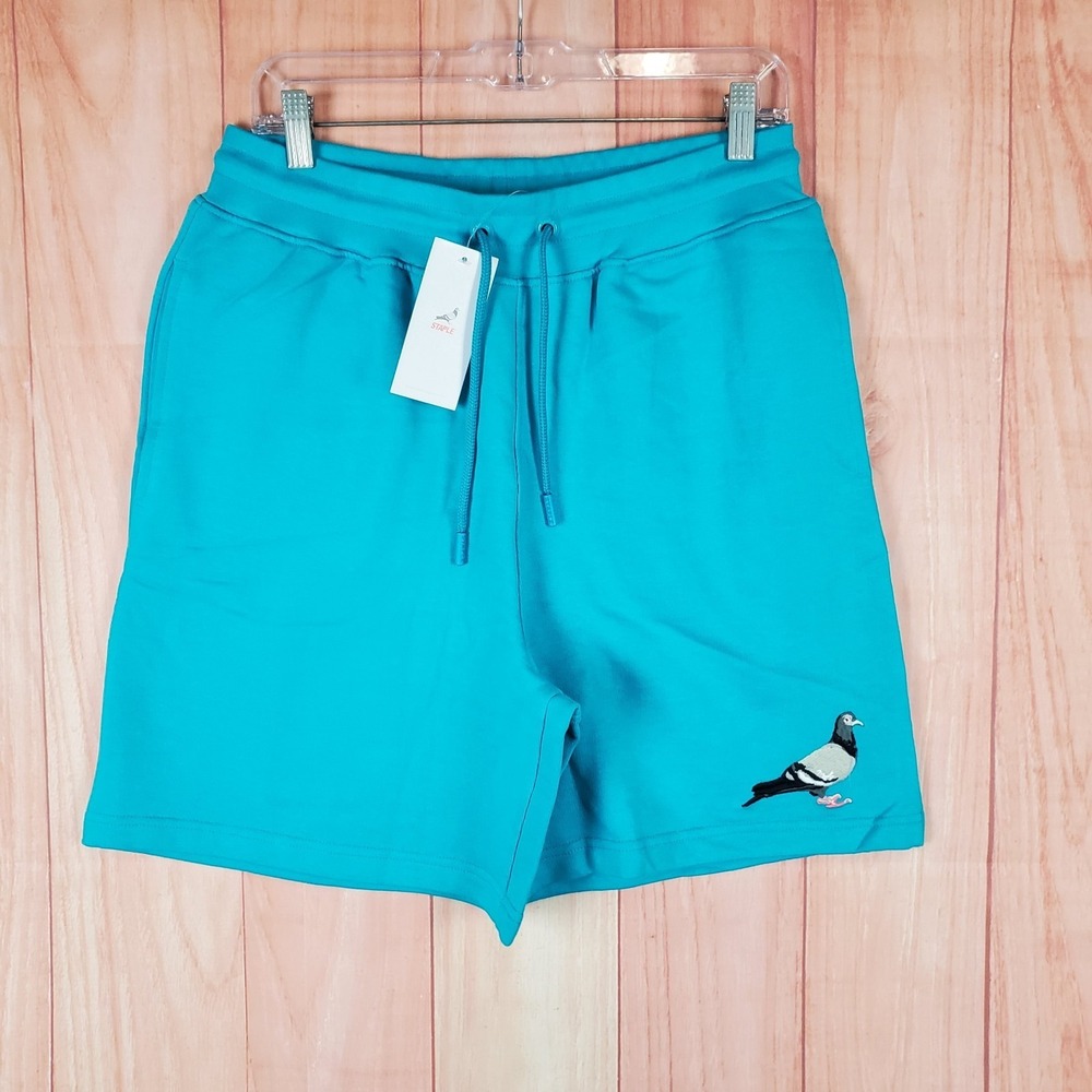 Staple Shorts Mens Large‎ Blue Cotton Embroidered Pigeon Logo Drawstring Waist
